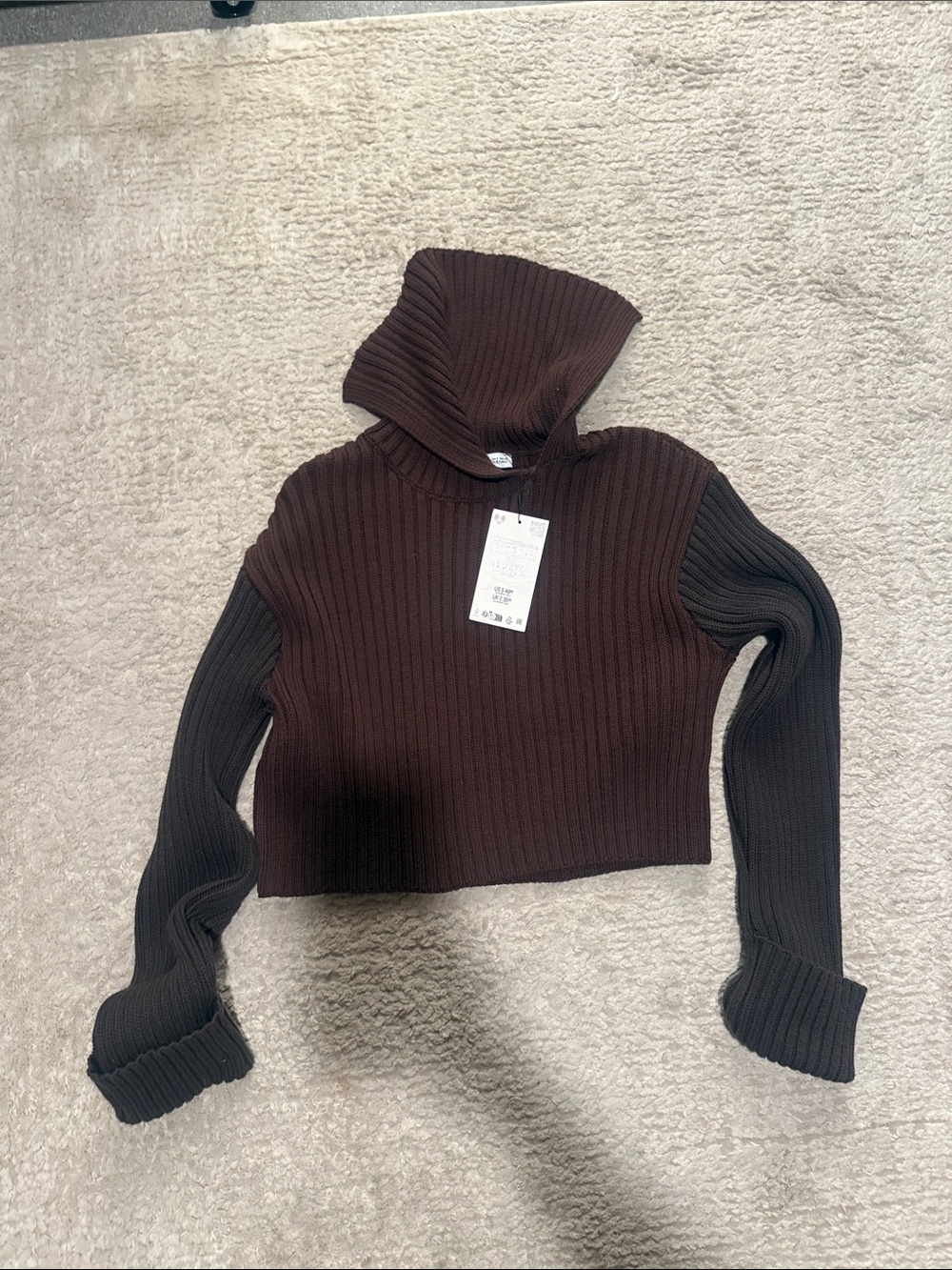 Zara Two-Tone Ribbed Hooded Cropped Sweater - Dark Brown & Black